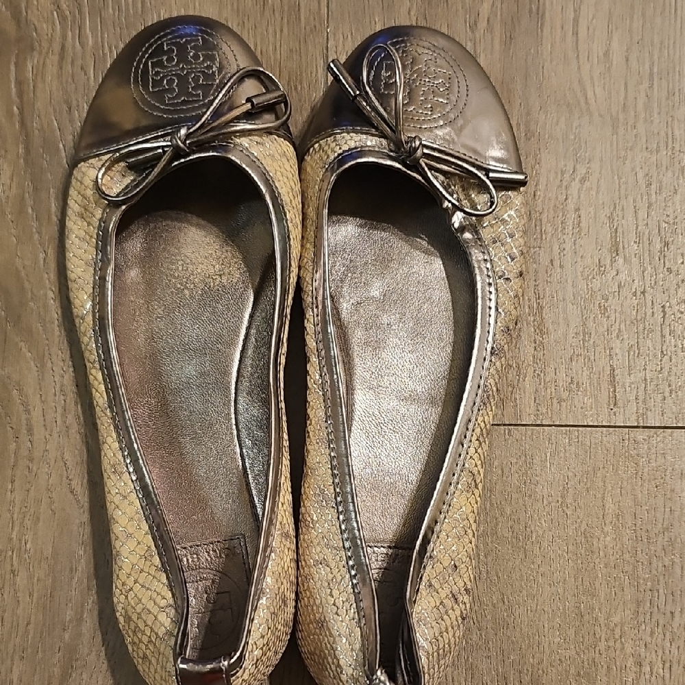 Tory Burch Gold and Tan Loafers